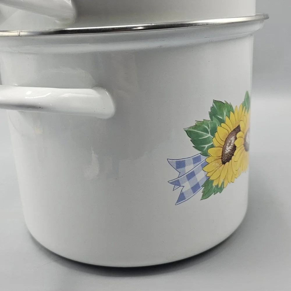 Vintage Emo Celje Sunflower Enameled Stock Pot Strainer 7 QT Grandmacore Cottage